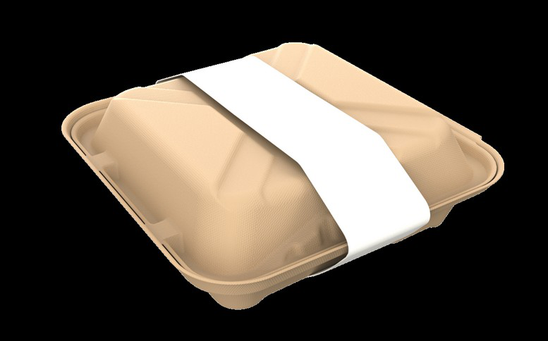 Closed CHUK clamshell secured with a paper band