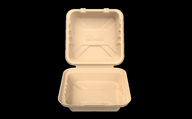 CHUK molded-fiber clamshell in open position